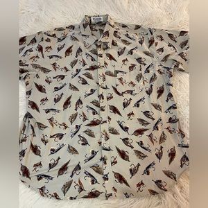 Columbia Men's Short Sleeve Button Down Shirt Fly Fishing Lure Print XXL vintage
